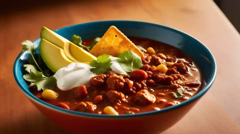 A colorful bowl of chili topped with avocado and tortilla chips 1