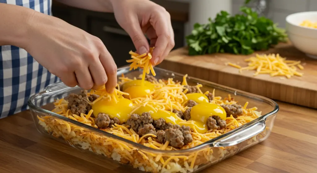 Hands layering hash browns, sausage, cheese, and whisked eggs in a greased baking dish to prepare a sausage egg casserole.