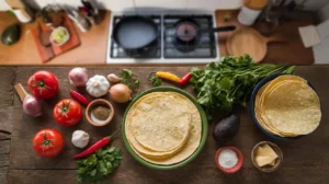 Mexican Breakfast Recipes: Start Your Day with Bold Flavors 2 Fresh ingredients for Mexican breakfasts, including tomatoes, chilies, onions, garlic, cilantro, and tortillas