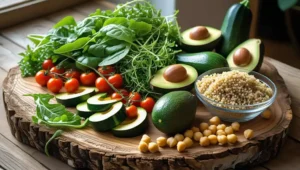 Healthy lunches for weight loss 2 Fresh ingredients for healthy lunches including greens, quinoa, and avocados