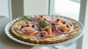 Homemade Breakfast Pizza: A Morning Treat to Savor 2 Gourmet smoked salmon breakfast pizza garnished with dill, capers, and onions