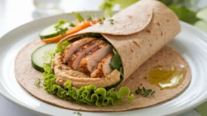 Low-Calorie Lunch Recipes: Delicious and Healthy Meals to Try 3 A grilled chicken wrap with hummus and fresh vegetables on a white plate
