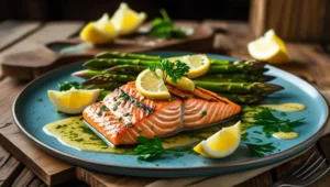 Keto Recipes for the Ketogenic Diet 3 Grilled salmon with garlic butter asparagus on a plate