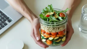 Healthy lunches for weight loss 3 Mason jar salad with greens, quinoa, and vegetables on an office desk