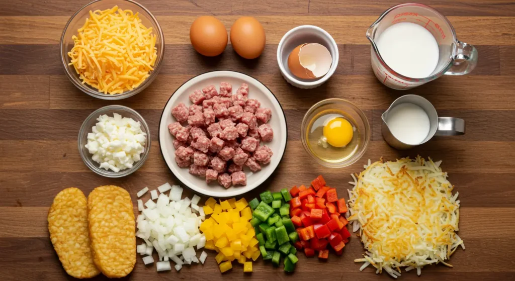 A top-down view of fresh ingredients for sausage egg casserole: shredded cheese, cooked sausage, whisked eggs, diced bell peppers, onions, and thawed hash browns on a wooden kitchen counter.