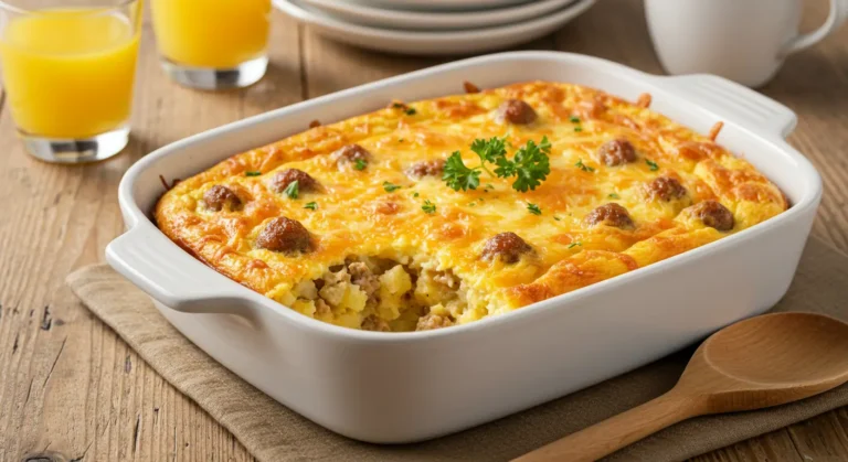 A golden-brown sausage egg casserole with hash browns, melted cheese, and fresh parsley in a white baking dish on a rustic breakfast table.