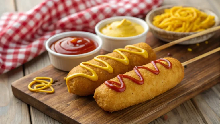 Crispy, golden-brown corn dogs on wooden sticks with mustard drizzle, served with dipping sauces on a rustic wooden table