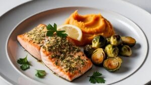 Best Gluten-Free Dinner Recipes: Delicious and Healthy Ideas 3 Herb-crusted salmon with roasted Brussels sprouts and mashed sweet potatoes