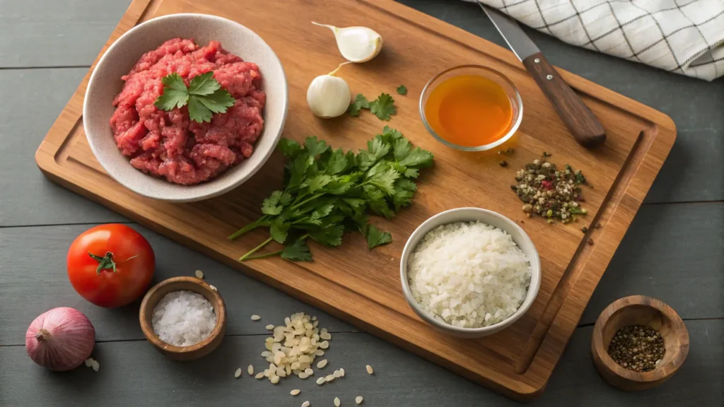 Traditional Albondigas Recipe: A Hearty and Flavorful Mexican Meatball Dish 3 Fresh ingredients for a Traditional Albondigas Recipe displayed on a wooden board: raw ground beef, uncooked rice, chopped onions, garlic cloves, fresh cilantro, whole tomatoes, cumin, oregano, and a jug of beef broth. Side-view shot with natural lighting.