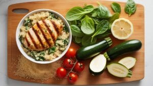 Easy Low-Calorie Lunch Recipes for Weight Loss 2 Low-calorie ingredients like grilled chicken, quinoa, spinach, cherry tomatoes, and zucchini on a wooden cutting board
