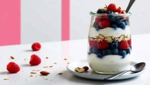 Healthy Breakfast Recipes for Type 2 Diabetics 2 A Greek yogurt parfait with fresh berries and almonds for a diabetic-friendly breakfast.