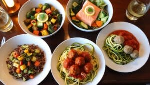 Easy Low-Calorie Lunch Recipes for Weight Loss 3 Quinoa bowls, salmon salad, and zucchini noodles with turkey meatballs on a rustic table