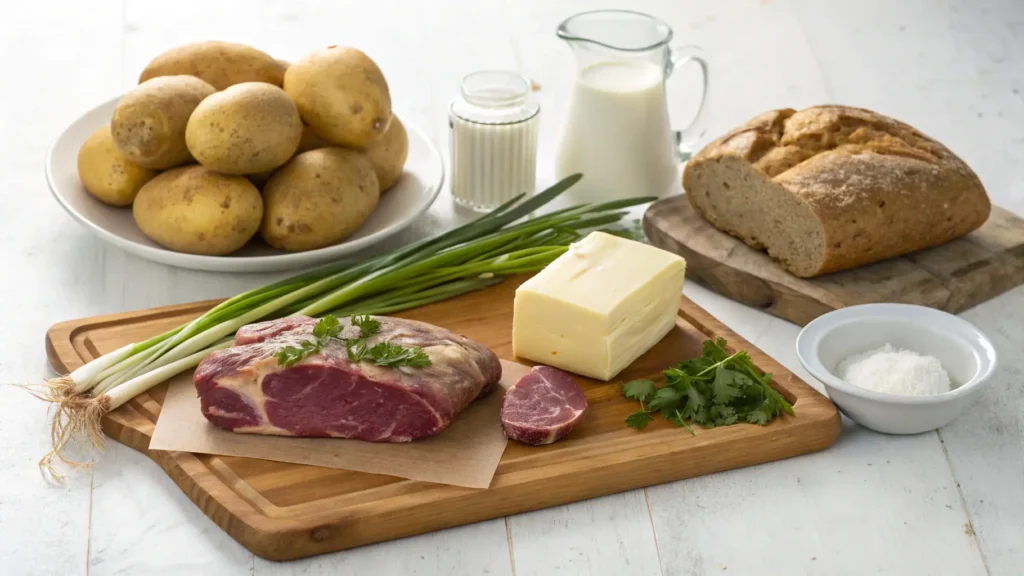 Traditional Irish Food 3 Essential ingredients for traditional Irish cooking, including fresh potatoes, Irish butter, lamb meat, scallions, buttermilk, and soda bread on a wooden board.