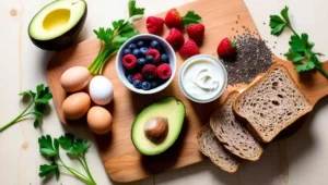 Healthy Breakfast Recipes for Type 2 Diabetics 3 Ingredients for a healthy diabetic-friendly breakfast, including avocado, eggs, and berries.