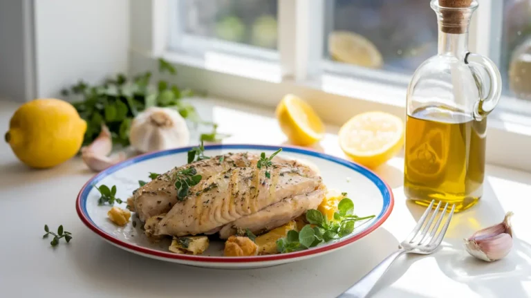 A beautifully presented, simple chicken breast meal on a white plate, garnished with herbs, set in a bright kitchen with fresh ingredients.