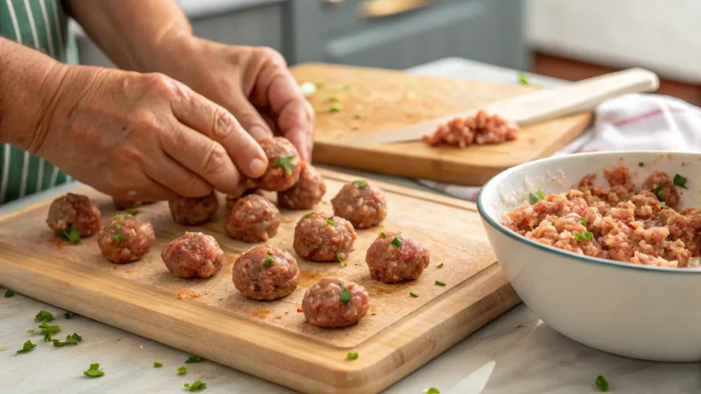 Traditional Albondigas Recipe: A Hearty and Flavorful Mexican Meatball Dish 4 Hands rolling seasoned meatballs made from ground beef, rice, and herbs on a wooden cutting board. A bowl with the remaining mixture is placed nearby, ready for shaping. Side-view shot capturing the preparation process.
