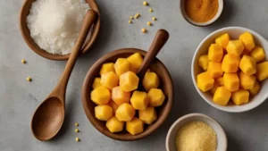 Mango Boba Pearls Recipes 2 Ingredients for making mango boba pearls, including fresh mangoes, tapioca starch, and sugar