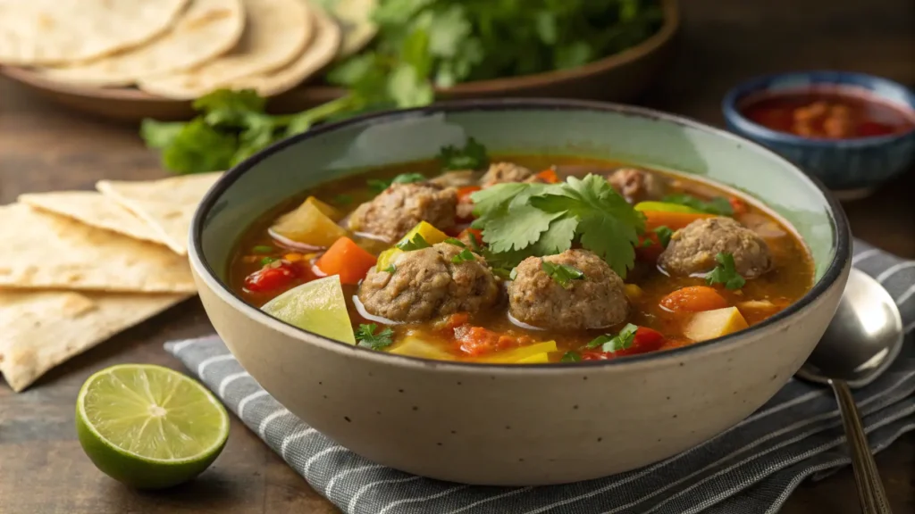 Traditional Albondigas Recipe: A Hearty and Flavorful Mexican Meatball Dish 2 beautifully plated bowl of Traditional Albondigas soup, featuring tender meatballs, vegetables, and a flavorful tomato broth. Garnished with fresh cilantro and served with a side of corn tortillas and a lime wedge. Side-view shot with warm, inviting lighting.
