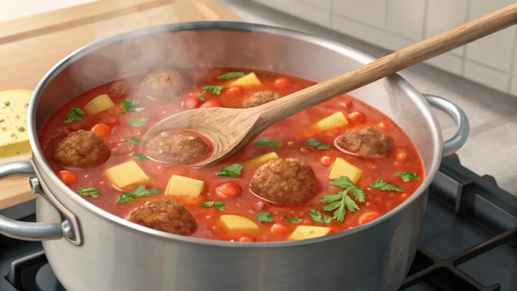 Traditional Albondigas Recipe: A Hearty and Flavorful Mexican Meatball Dish 5 A pot of Albondigas soup simmering on the stovetop, with meatballs, potatoes, carrots, and fresh herbs floating in a tomato-based broth. Steam rises from the pot as a wooden spoon stirs the mixture. Side-view shot highlighting the cooking process.