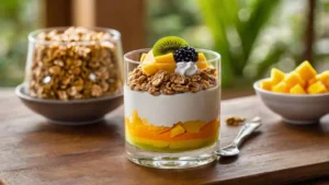 Mango Boba Pearls Recipes 3 Layered mango parfait with granola, yogurt, fresh mango chunks, and mango boba pearls