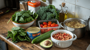 Healthy Salads for Lunch Recipes 2 Fresh salad ingredients including greens, quinoa, and chickpeas