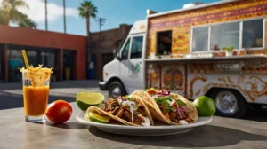 Halal Food Trucks 4 Fusion shawarma tacos with vibrant garnishes and creamy sauce from a halal food truck