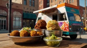 Halal Food Trucks 3 Shawarma wrap, biryani bowl, and falafel from a halal food truck displayed on a rustic table