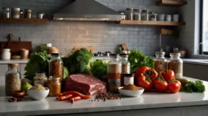 Halal Food Trucks 2 Fresh halal ingredients, including meat, vegetables, and spices, ready for cooking