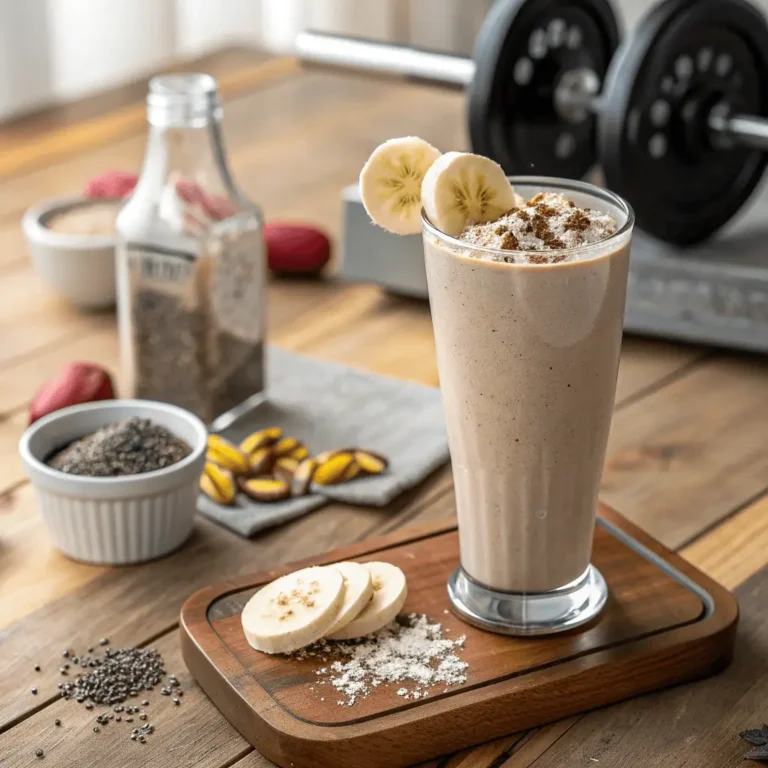 Core Power Protein Shake in a glass with bananas, chia seeds, and protein powder on a wooden table, fitness-themed background.