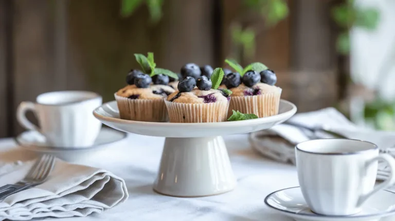 Mini blueberry muffins served on a cake stand with blueberries and mint