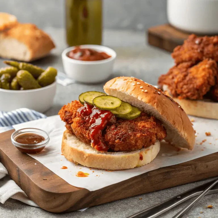 Golden and shiny Nashville hot chicken, served on white bread with pickles