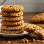 Stack of freshly baked Rice Krispie Chocolate Chip Cookies on a plate in a cozy kitchen setting