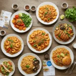 Top view of seven Blue Apron meals, including chicken, shrimp, tofu, and vegetarian recipes, displayed on a rustic table with ingredients and recipe cards.
