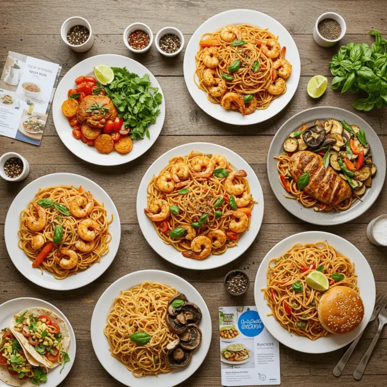 Top view of seven Blue Apron meals, including chicken, shrimp, tofu, and vegetarian recipes, displayed on a rustic table with ingredients and recipe cards.