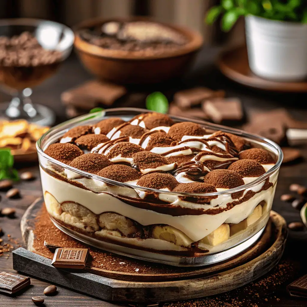 Irresistible Baileys Tiramisu Recipe (No Oven Needed!) 10 "Layered Baileys Tiramisu dessert in a glass dish topped with cocoa powder and chocolate shavings