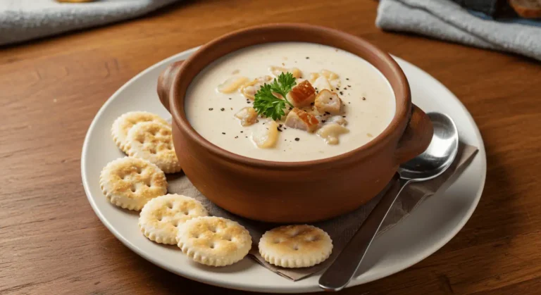 Creamy Bar Harbor New England Clam Chowder in a rustic bowl with bread and crackers