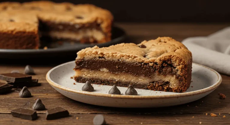 Brookie dessert with brownie base and cookie topping, side view