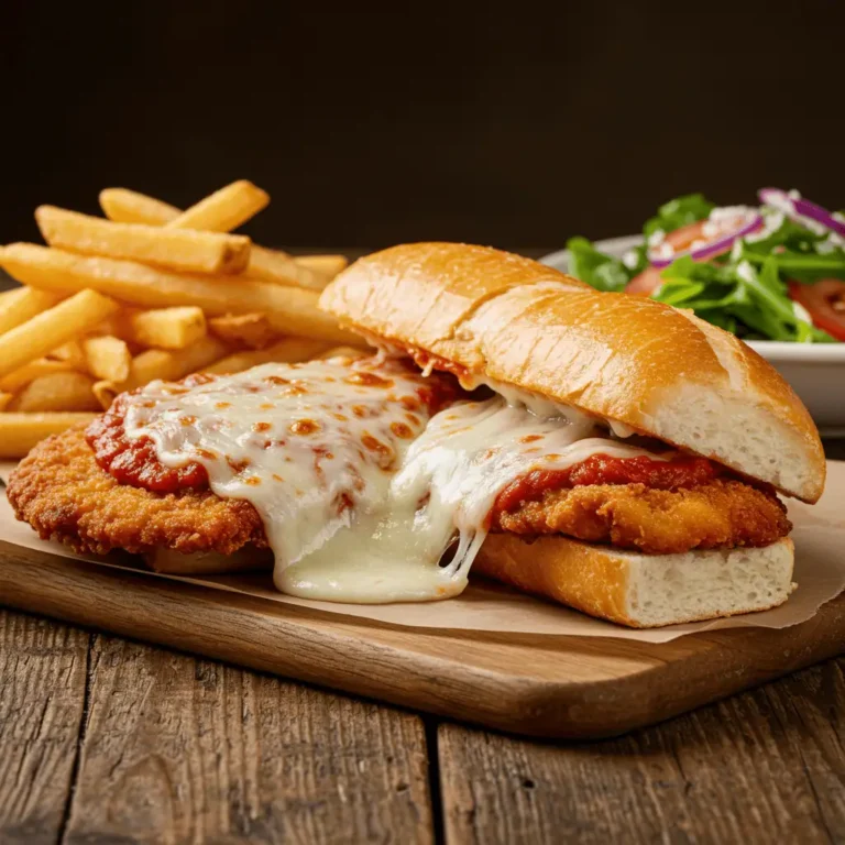 Delicious homemade chicken parmigiana sandwich with crispy fries and salad