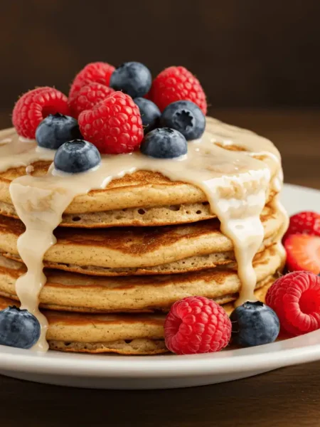 Cinnamon roll pancakes served with berries and glaze.