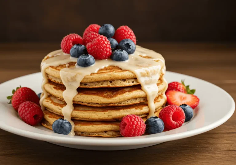 Cinnamon roll pancakes served with berries and glaze.