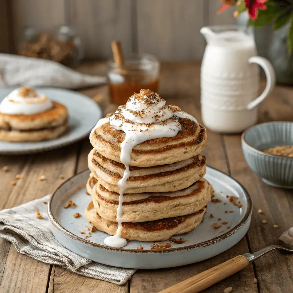 Stack of cinnamon roll pancakes with glaze and cinnamon swirl