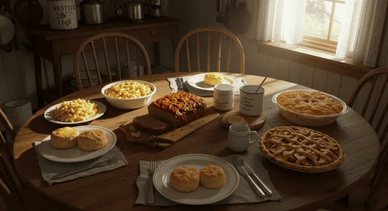Classic comfort food dishes served in a cozy farmhouse kitchen