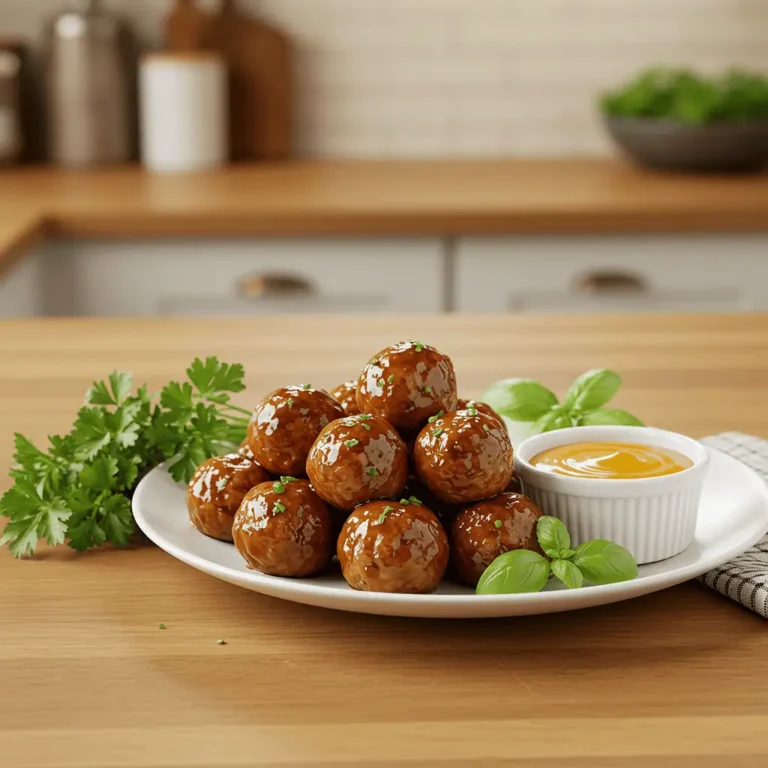 Costco Chicken Meatballs served with fresh herbs and dipping sauce on a kitchen counter