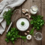 Homemade Hidden Valley-style ranch dressing surrounded by fresh herbs and ingredients on a rustic kitchen table