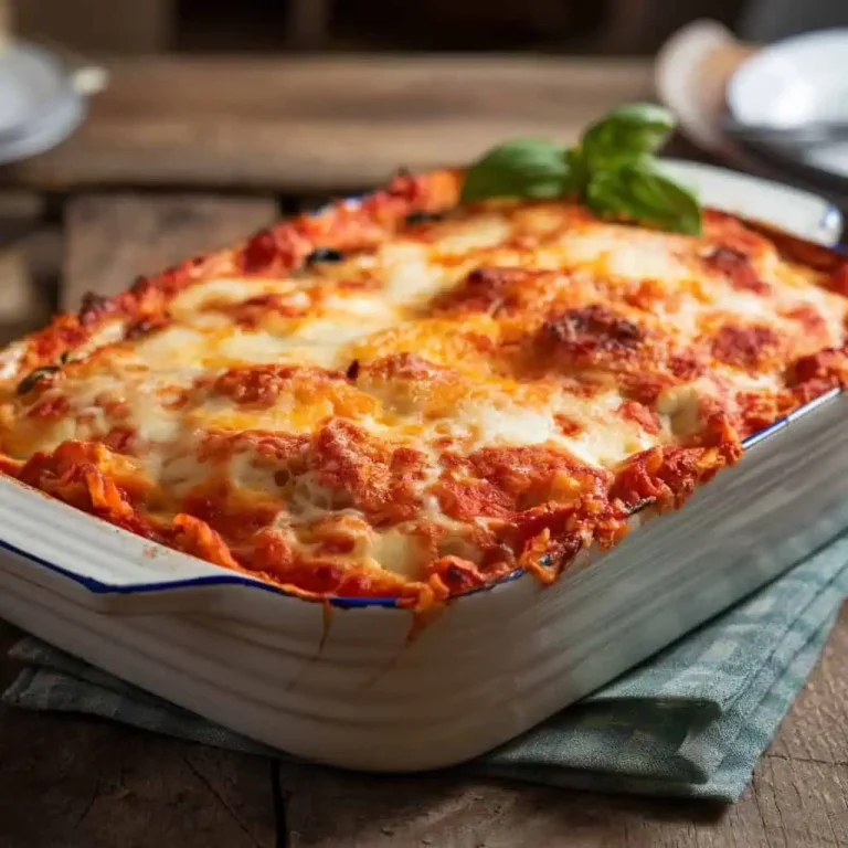 Freshly baked Italian lasagna al forno with golden cheese in a rustic dish