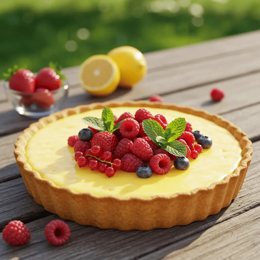 6-Step Lemon Drop Pie Recipe – Sweet, Tangy & Perfect for Summer 12 Slice of lemon pie on picnic table with berries and mint