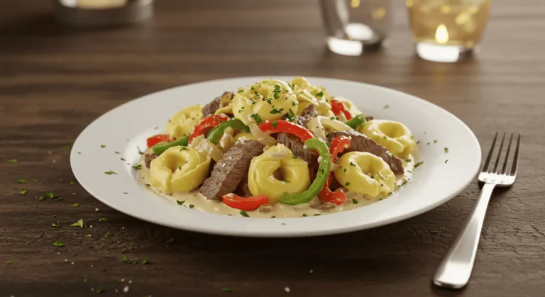 Gourmet Philly Cheesesteak Tortellini Explosion plated with colorful peppers, steak, and melted cheese