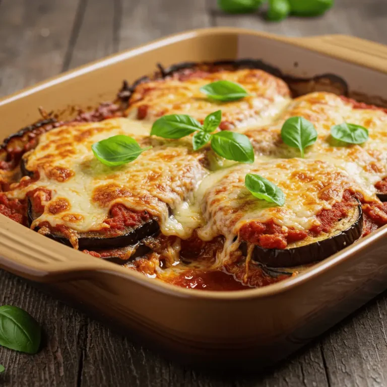 Baked vegan eggplant Parmesan with golden crispy layers and fresh basil garnish.