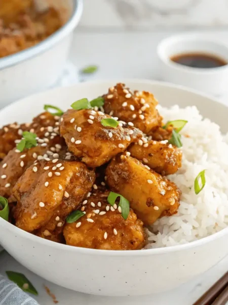 Crispy air fryer honey garlic chicken served in a white bowl with sesame seeds and green onions on top, next to a bowl of rice