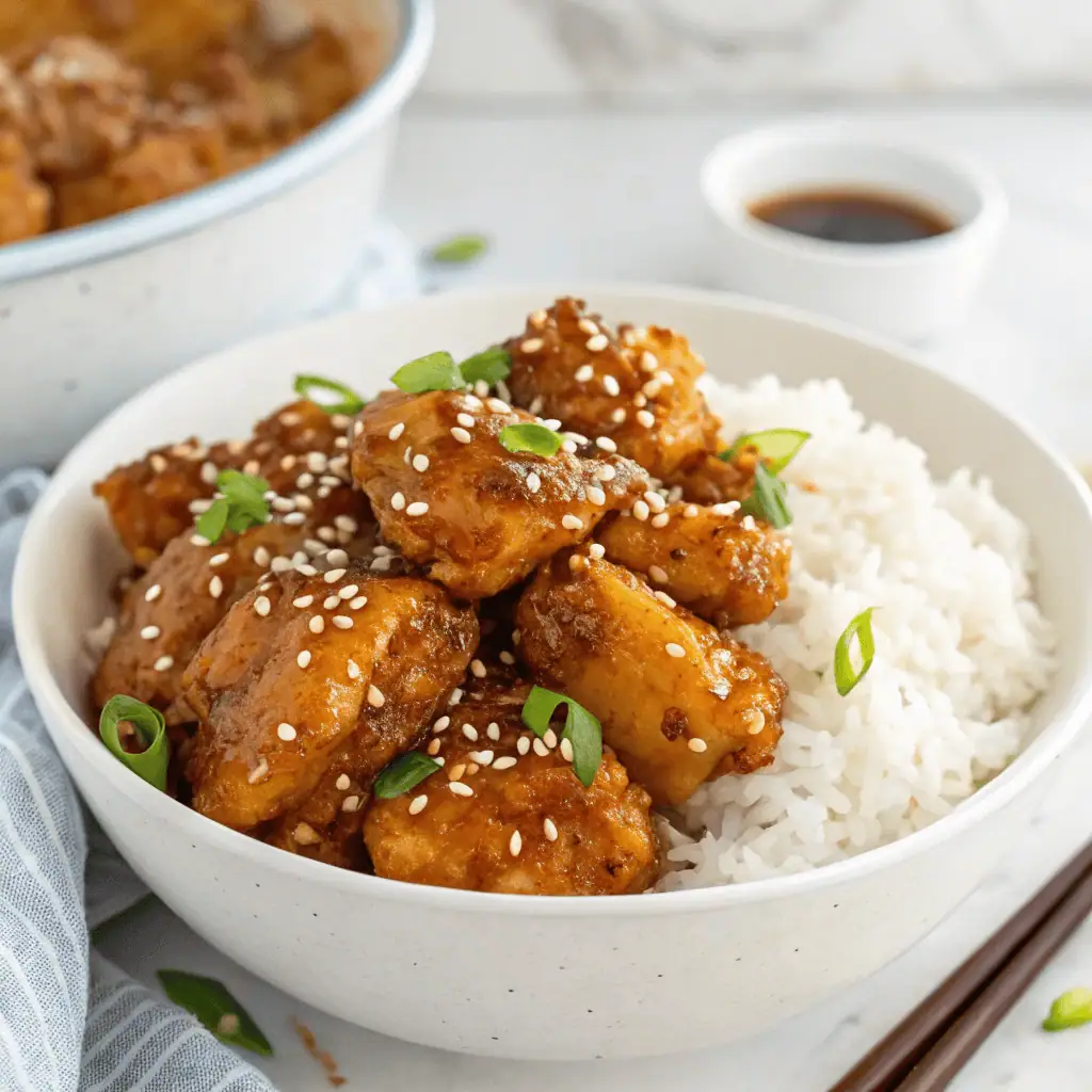 Air Fryer Honey Garlic Chicken 10 Crispy air fryer honey garlic chicken served in a white bowl with sesame seeds and green onions on top, next to a bowl of rice